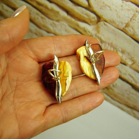 Big Amber & 925 Silver Omega Earrings - Made In Poland Rare Jewelry Her Gift - Picture 6 of 16
